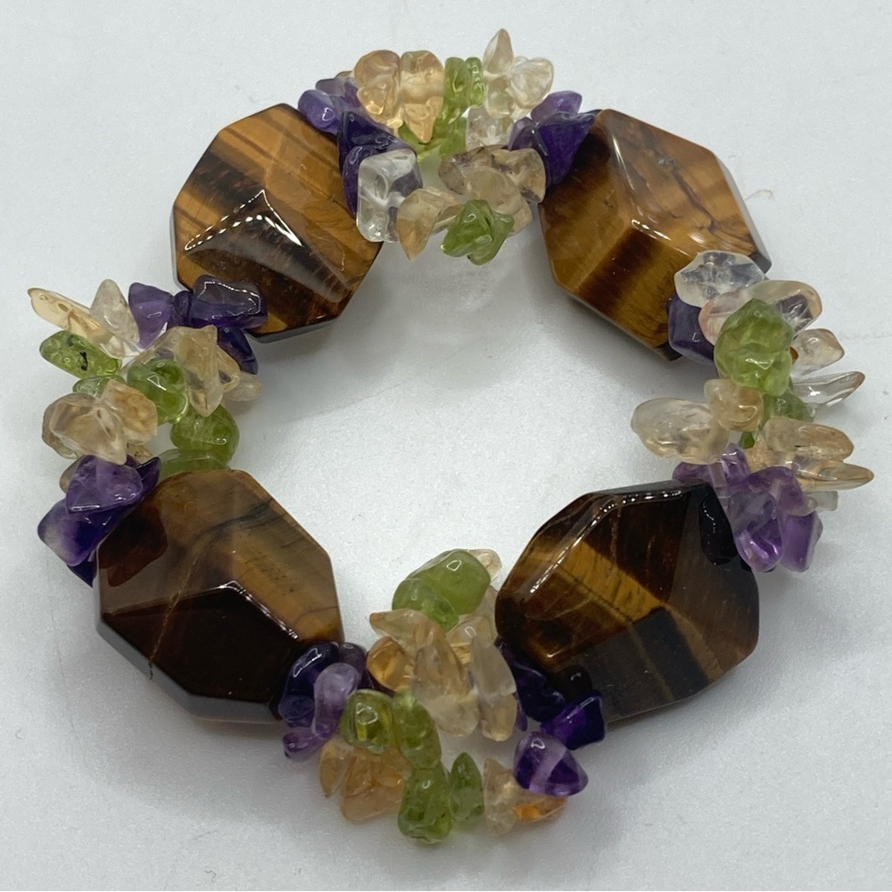 TIGERS Eye Amethyst Peridot Citrine Gem Stone Stretch Bracelet OS Real Stones